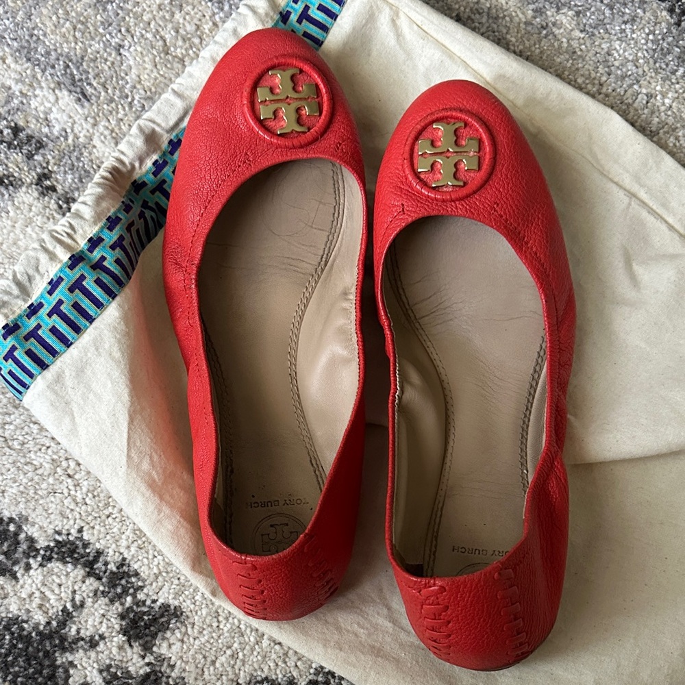 Tory Burch Red Leather Logo Ballet Flats